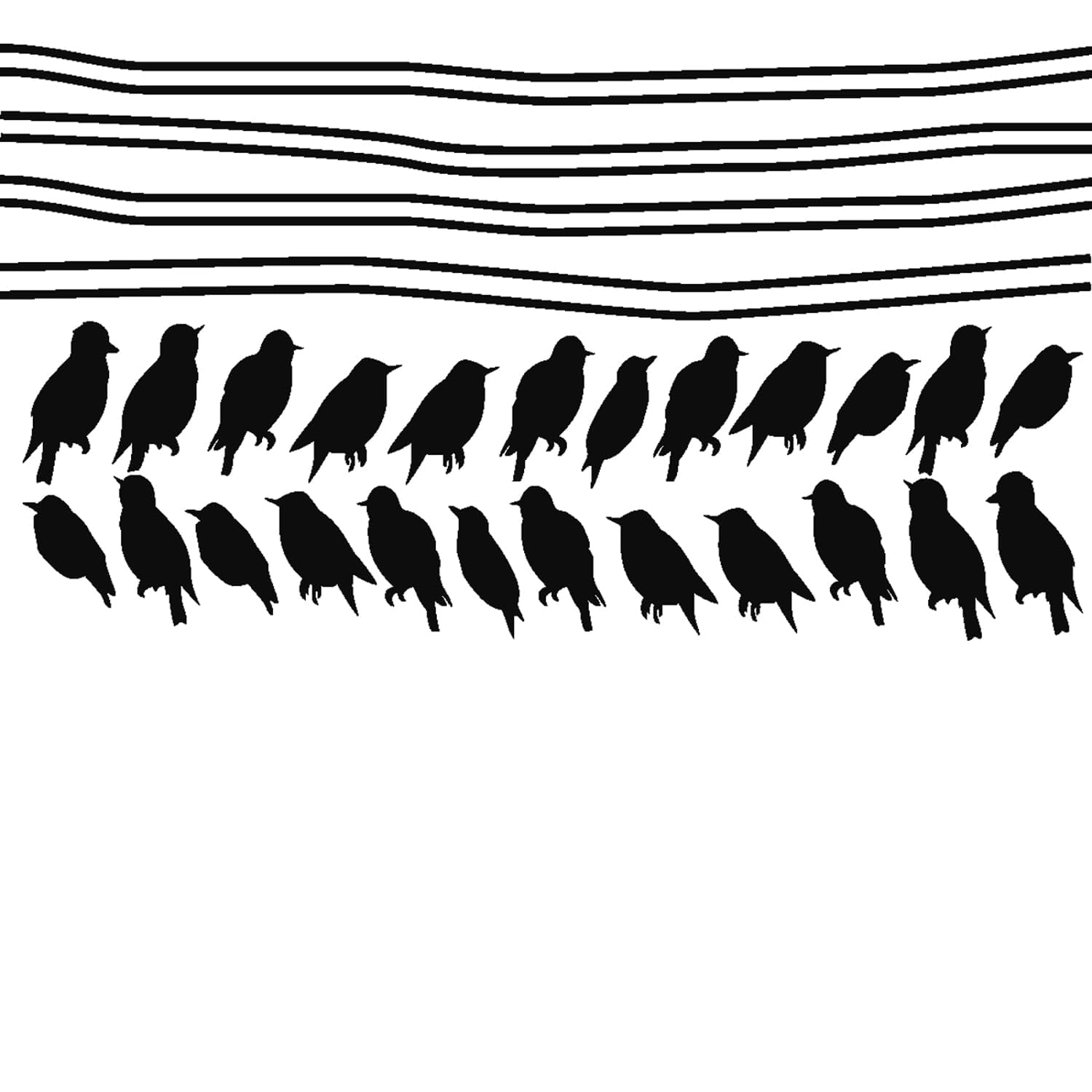 Wall Sticker Starlings on Cables - Bird Wall Sticker - Bedroom & Living Room Wall Decoration - 440 cm Line + 24 Birds - Black