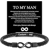 Asnewa To My Man,Personalized Dual Name Infinity Leather Bracelet, Custom Name, Text and Icon Stainless Steel Braided Bracelet for Men/Women, Valentine Anniversary Birthday Christmas Gifts for Him