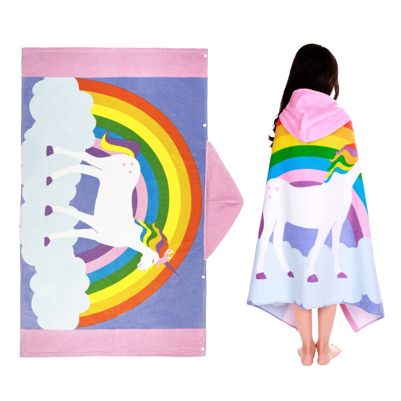 FLYISH DIRECT Kids Beach Towel Hooded, Bath Towel with Hood for Kids 100% Cotton, Girls Poncho Towel, Super Absorbent, 127 x 76cm, Cartoon Rainbow Unicorns