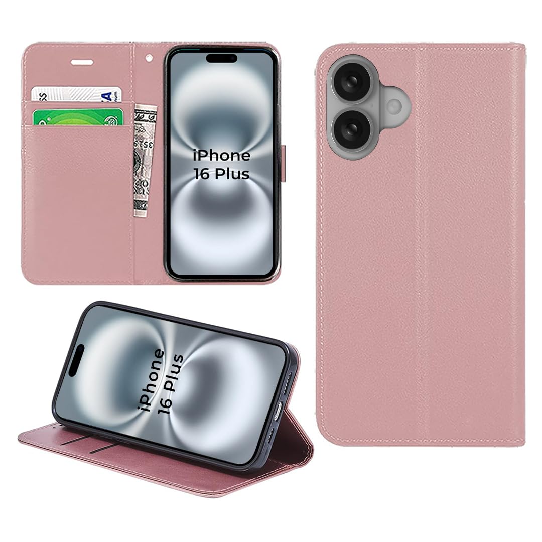 DN-Technology For iPhone 16 Plus Case Flip Wallet [Card Holder] [Magnetic Closure] [Kickstand] PU Leather Shockproof Phone Cover 6.7 inch (ROSE GOLD)