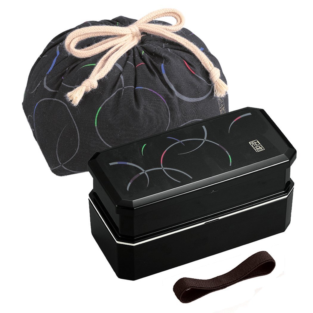 OSK Japanese Bento Lunch Box "Waon" Waves Black with Chopsticks and Carry Bag by PW-6+KB-1