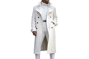 Ebifin Men's Notch Lapel Double Breasted Long Trench Coat Casual Cotton Blend Peacoat