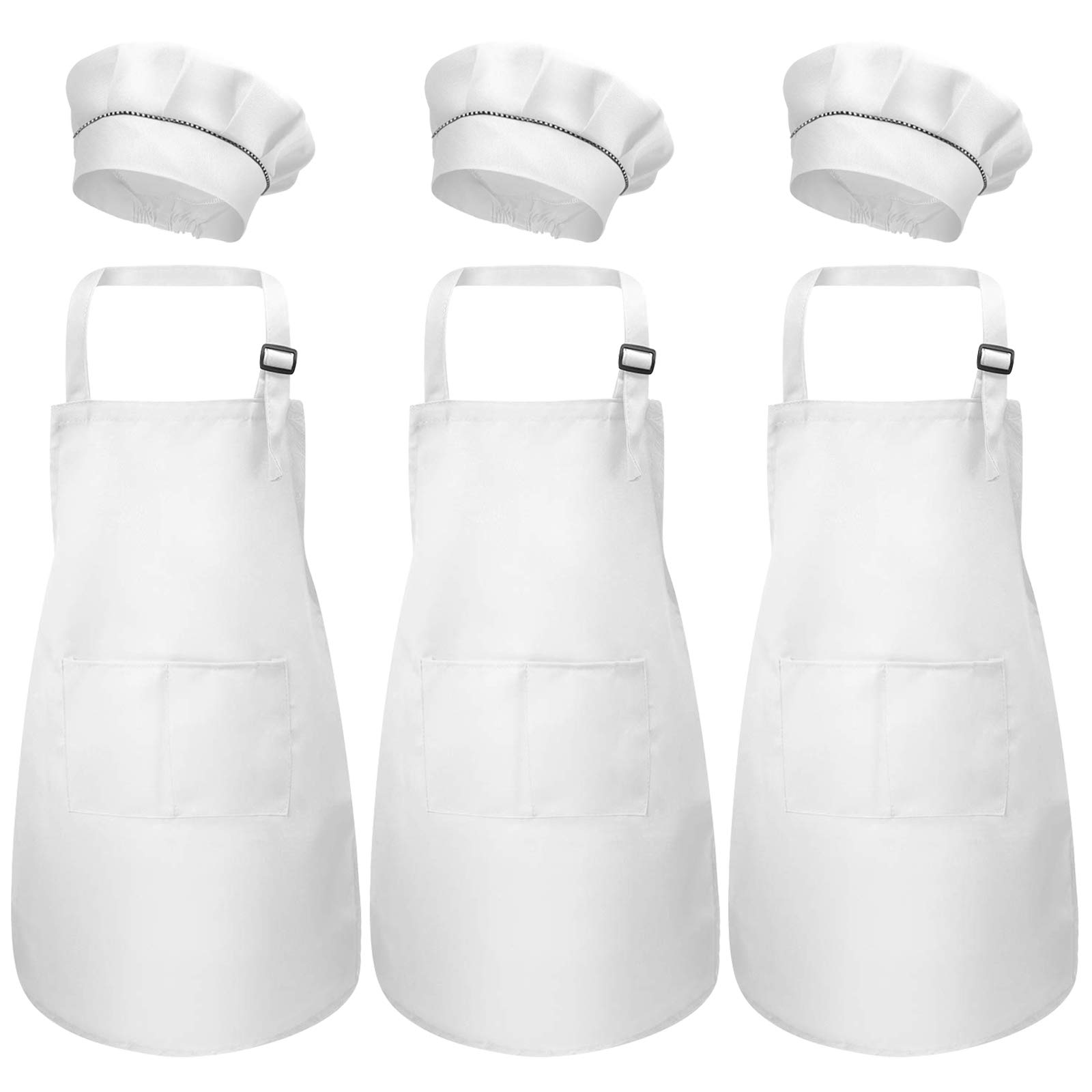 6Pcs Kids Apron and Chef Hat Set, Adjustable Children Cooking Aprons with Pockets for Boys Girls, Kitchen Garden Bib Apron, Toddler Chef Aprons for Crafting Painting Baking (M for 3-6 Age) (White)
