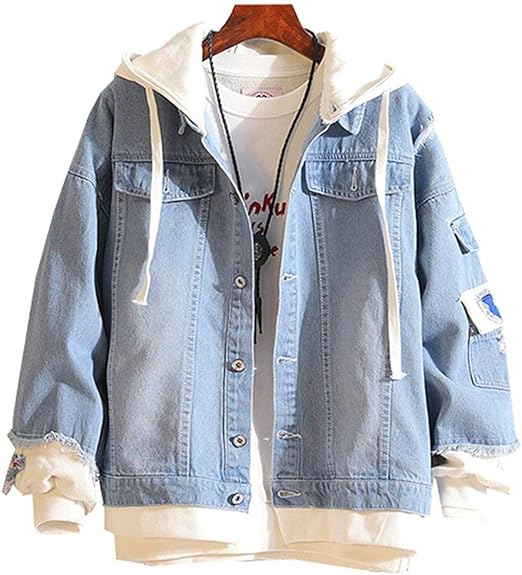 denim jacket on top of hoodie