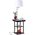 Brightech Madison Side Table with Lamp Combo with LED Bulb, Desk Lamp with USB Port, Bedside Reading Lamp, Modern End Table with Floor Lamp for Bedroom, Living Room, Office - Black with White Shade