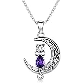 AOBOCO 925 Sterling Silver Celtic Moon Cat Crescent Pendant Necklace with Purple Birthstone Christmas Birthday Jewelry Gifts for Women Cat Lovers