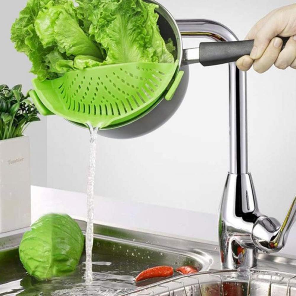 Clip-on Food strainer, Silicone Kitchen Colander Pan Drainer for Spaghetti, Pasta, Veggies and Ground Beef Grease, Green