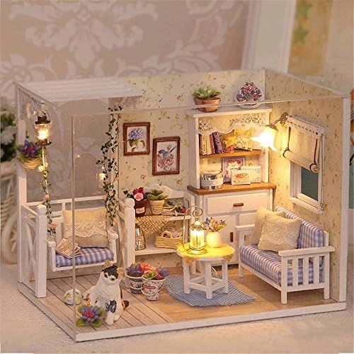 Saumota Handwork Gift Wood Mini Dollhouse Models DIY Miniature House Room Furniture With Cover and Led Light-Kitten Diary