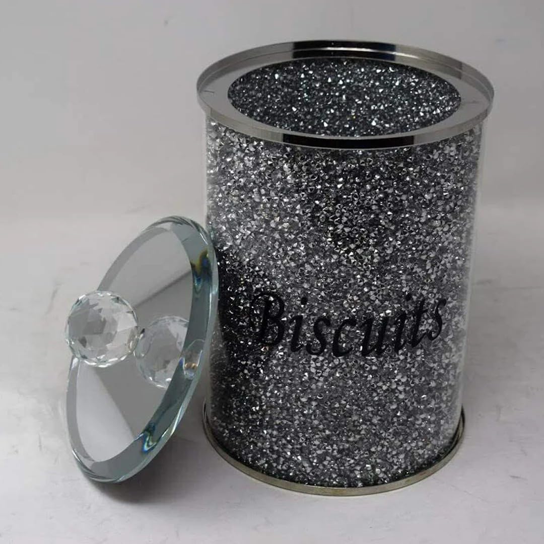 Amazing Gift Crystal Biscuits Tin Storage Jar Large Sparkle Crushed Diamond Filled Silver Metal Frame 28cm