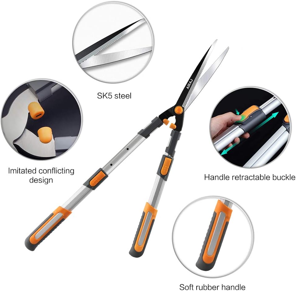 AIRAJ Hedge Shears with Serrated SK-5 Steel Blade and Strong Aluminum Handles, Manual Hedge Clippers & Garden Hand Pruner for Trimming Borders, Topiaries Boxwood, and Decorative Grasses : Garden & Outdoor