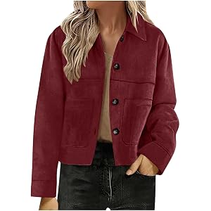 Ooikoifa Faux Suede Jacket Women Cropped Button Down Shacket Collared Patch Pocket Coats