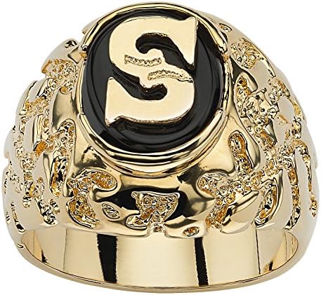 Men's Oval Genuine Black Onyx 14k Gold-Plated Nugget-Style Personalized Initial Ring