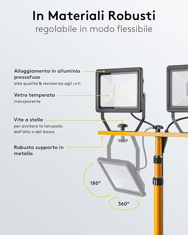 49984 Faretto LED da Cantiere telescopico, Doppia Testa, per Interni ed Esterni, treppiedi in Metallo, Luce Bianca Fredda, Giallo, 2x 50W