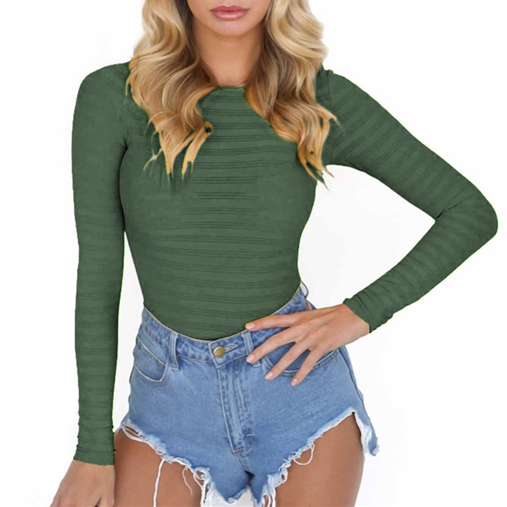 PALINDA Women's Long Sleeve Striped Basic Solid Round Neck Bodysuit Stretchy Leotards