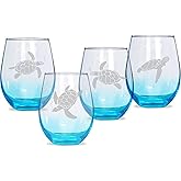 Turtle Stemless Wine Glasses Set of 4 - Mother's Day Gifts Beach Sea Turtle Assortment Red Wine Glasses, Clear No Stem Drinkware 19 oz Ocean Lovers Gifts Box for Beach House Sea Coastal Birthday Party