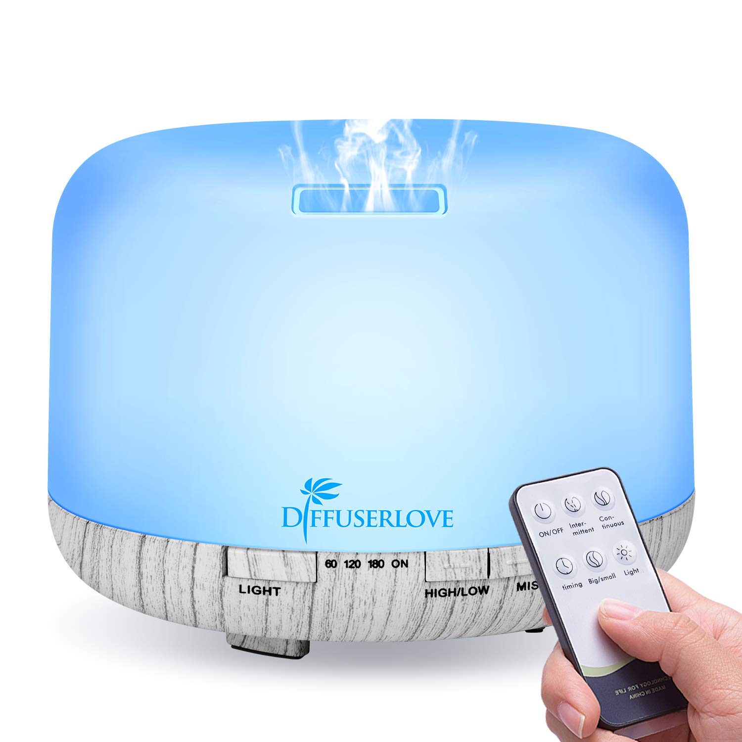 Diffuserlove 500ML Essential Oil Diffuser With Remote Control - Ultrasonic Air Scented Aroma Humidifier With 7 Color LED Lights for Office, Home, Bedroom, Living Room