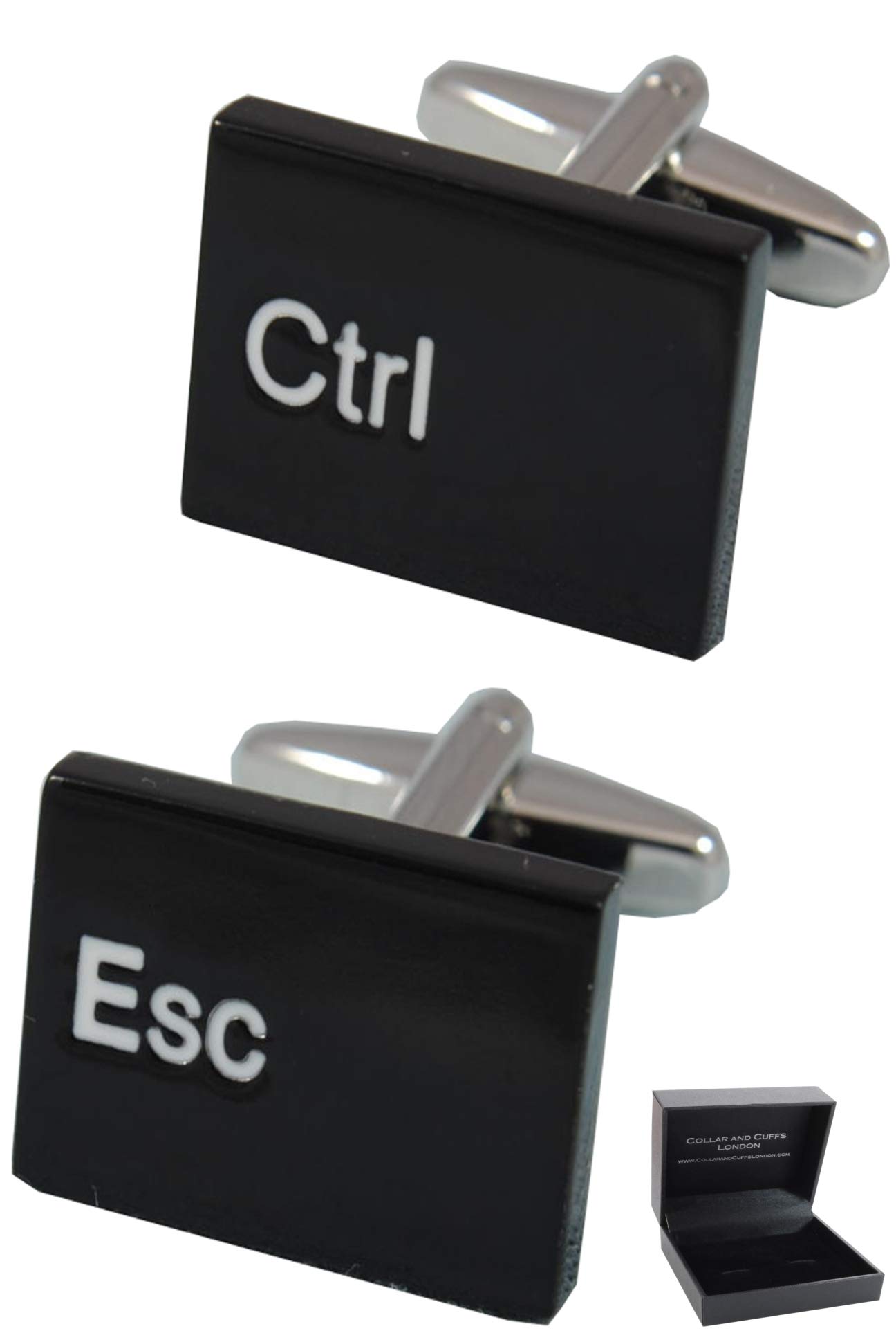 Cufflinks for Men + Presentation Box - Black - Ctrl Esc Computer Keyboard - Solid Brass Metal - IT PC Key Rectangle Oblong Modern - One Pair
