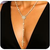 J&H DiaJuvelo Rosary Necklace for Women 14K Gold Plated Rosemary Y Chain Layered Dainty Cross Long Virgin Mary Pendant Beads Catholic en route Jewelry rosarios catolicos para mujer