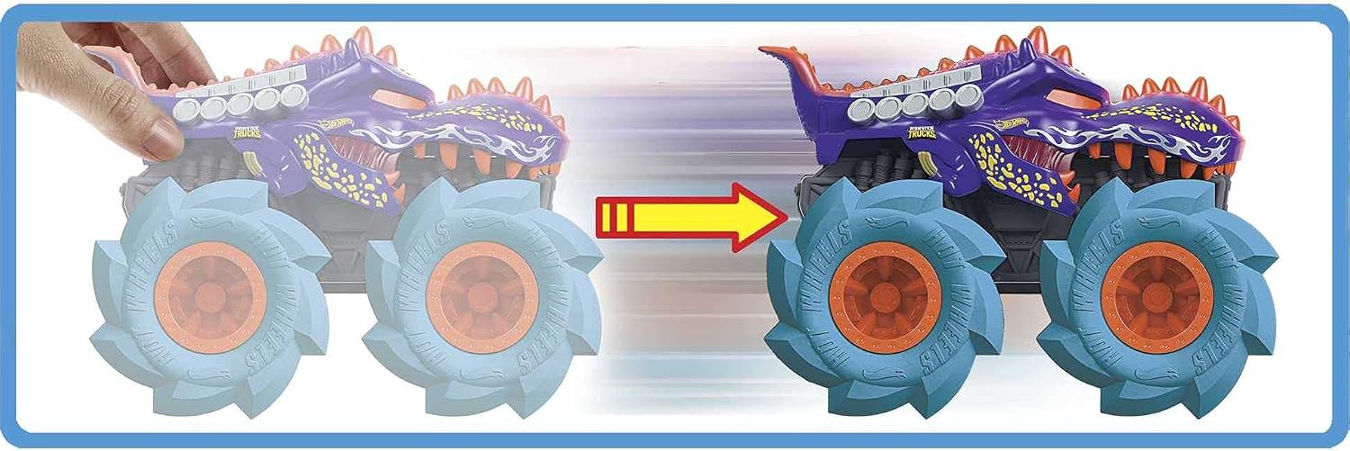 Hot Wheels GVK39 Monster Trucks Twisted Tredz Vehicles, Mega-Wrex 1:43 Scale Creature-Themed Toy Truck, Multicolor - Image 3