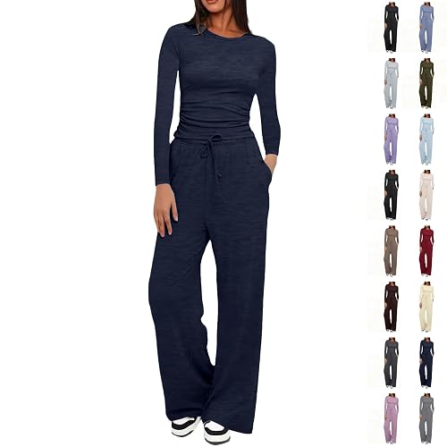 Ladies Tracksuit Sets Women's 2 Piece Knitwear Set Soft Long Sleeve Blouse and High Waist Wide Leg Pants with Pocket Comfortable Cotton Blend Outfit Ladies Tracksuits