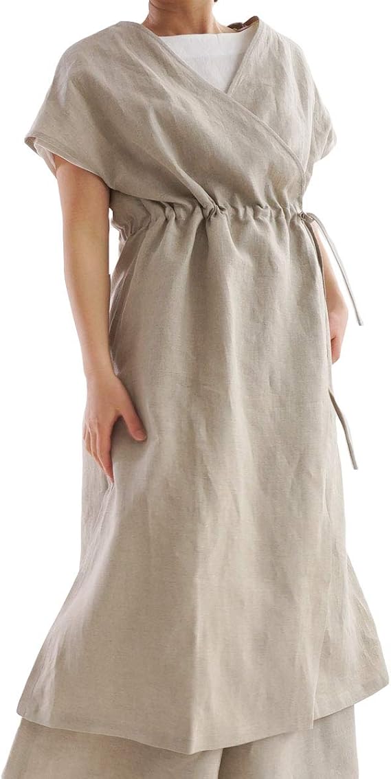 Amazon 中厚 リネン カシュクール ワンピース羽織 ロング丈 アウター フレンチスリーブ 亜麻ナチュラル L A005a Amn2 ワンピース チュニック 通販