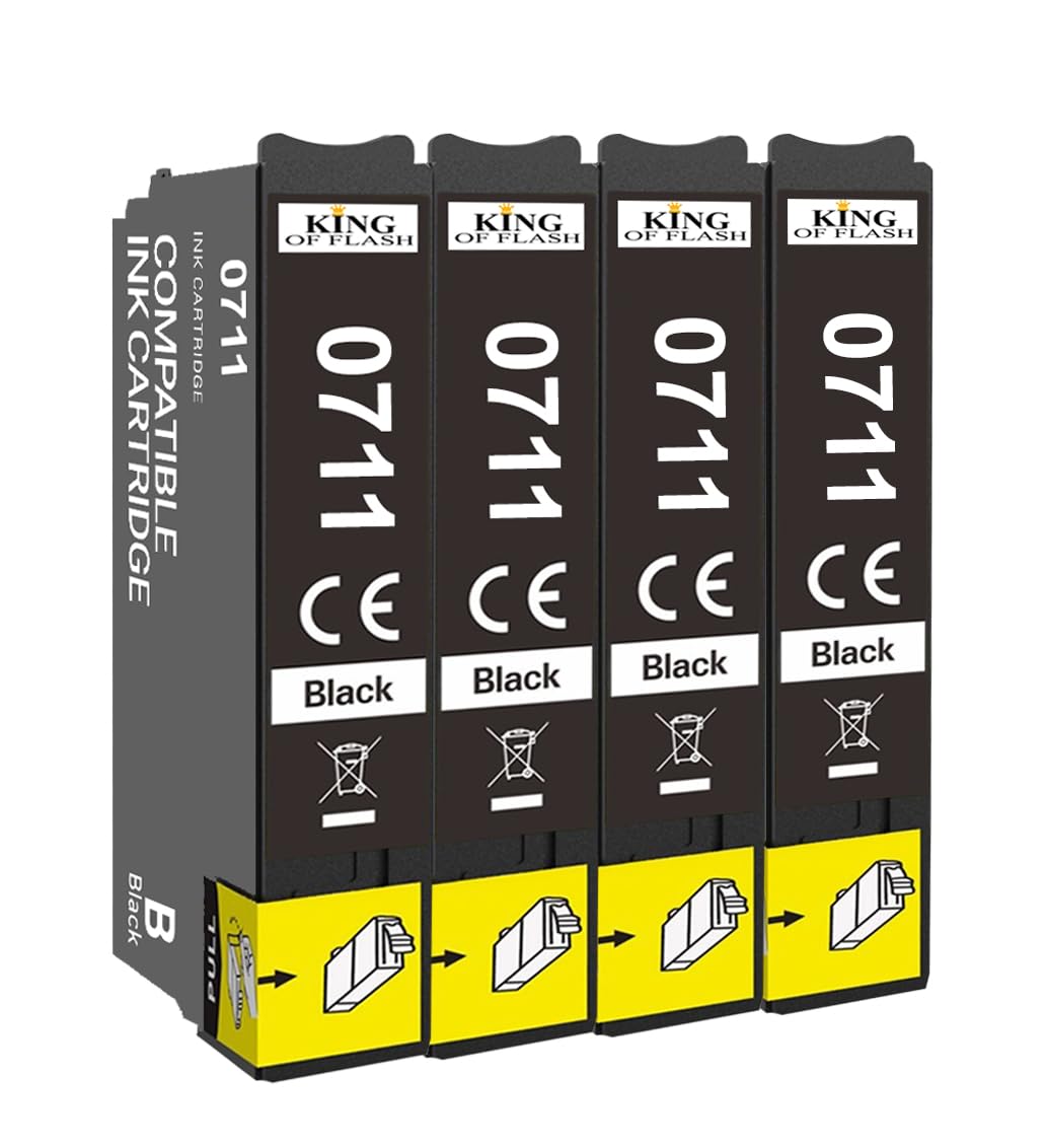 KING OF FLASH Compatible Inks for Epson T0711 T0712 T0713 T0714 T0715 Ink Cartridges Replacement for Epson Stylus SX218 SX415 SX515W SX200 SX100 SX610FW S21 DX7450 DX8400 (4 x T0711)