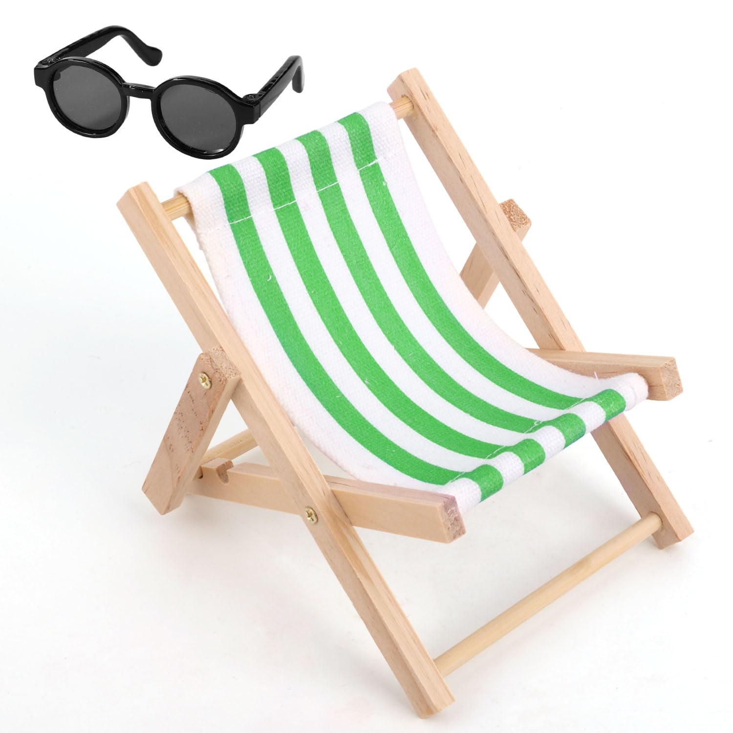 6.69in 17cm Doll Accessories : Have a Seat Set, Includes Wooden Mini Folding Beach Chair & Plastic Miniature Sunglasses for Doll House Furniture Decorations (Green)