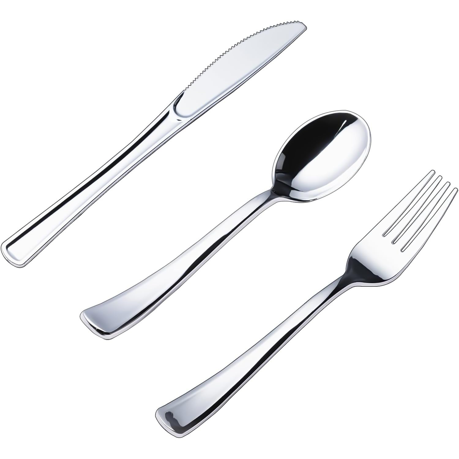 Photo 1 of N9R 300PCS Silver Plastic Silverware Set, 100 Forks, 100 Spoons, 100 Knives, Heavy Duty Disposable Cutlery for Parties, Fancy Disposable Flatware for Weddings, and Daily Use
