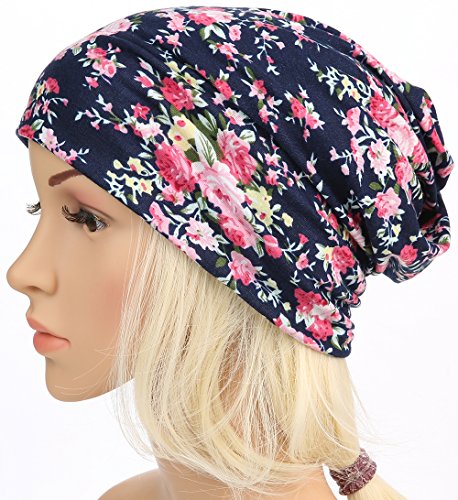 HONENNA Printed Turban Headband Chemo Cap Cotton Soft Sleep Beanie (Navy Blue)