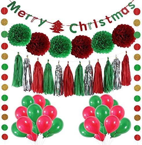 LITAUS Christmas Party Decorations, balloons , Pom Poms Flowers, paper Garland , Tassels, Hanging Swirl (red)