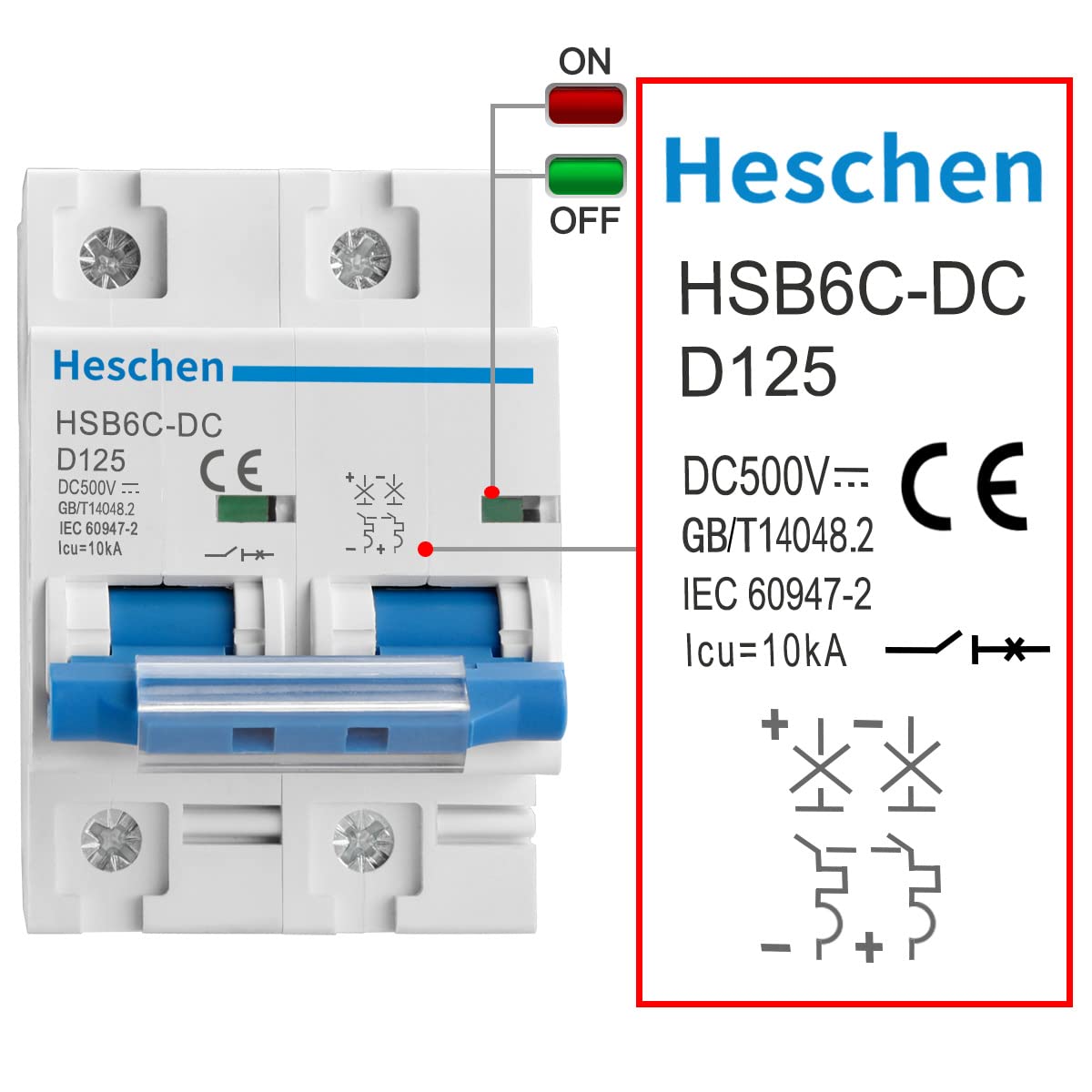 Disjoncteur DC Heschen 2P 50A 500V - Pour Systèmes Solaires Photovoltaïques, Rail DIN