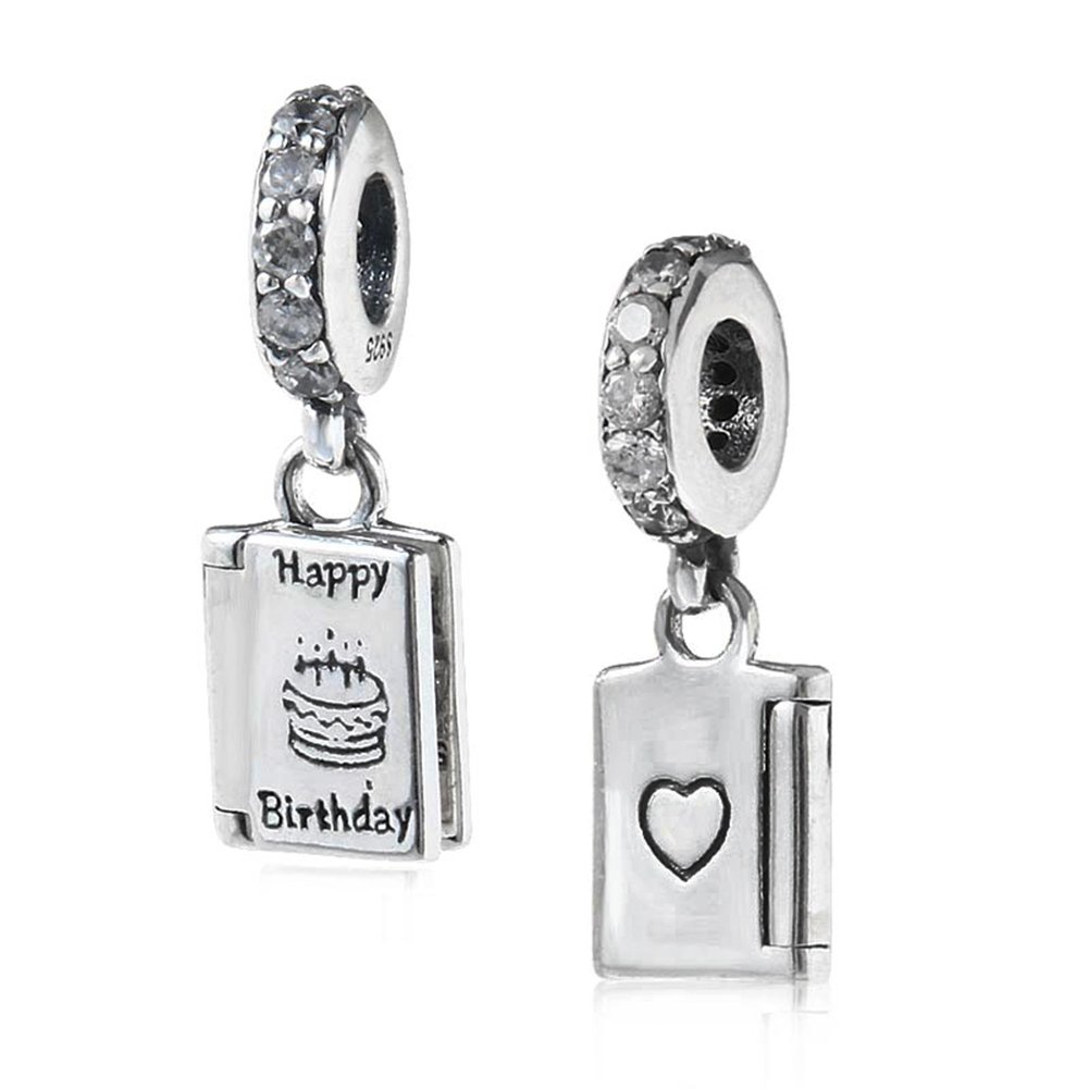 Happy Birthday Charm 925 Sterling Silver Cake Charm Love Charm Book Charm Heart Charm Anniversary Charm for Pandora Charm Bracelet (Birthday)