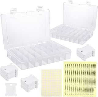 Caydo Stickgarn Aufbewahrung, 150 White Plastic Floss Bobbins Set, 2 Stück 24 Grids Stickgarn Organizer Box mit 552 Floss Number Aufklebern und 165 leeren Aufklebern