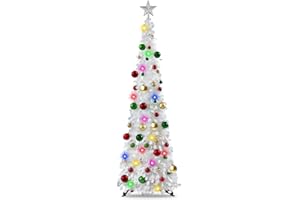 N&T NIETING Pop Up Christmas Tree with Lights & 30 Balls, 5Ft Collapsible White Tinsel Christmas Tree Decorations, Pencil Christmas Tree Skinny Christmas Tree for Holiday Xmas Home Office Decor