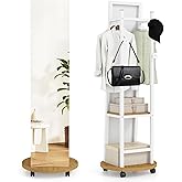 CHARMAID Full Length Mirror with Coat Rack, 55" Standing Floor Mirror with Lockable Wheels, Hanging Rods, Hooks & Storage Shelves, for Bedroom, Closet, Living Room, Entryway (White & Natural)