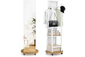 CHARMAID Full Length Mirror with Coat Rack, 55" Standing Floor Mirror with Lockable Wheels, Hanging Rods, Hooks & Storage She