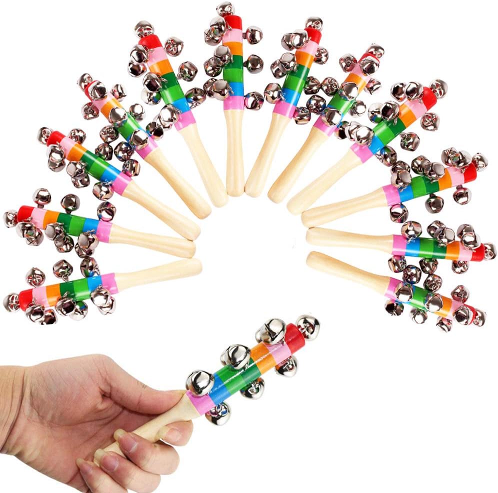 ATROPOS 12 Pcs Rainbow Handle Wooden Bells,Vivid Handle Bells for Jingle Stick Shaker Rattle Baby Children Musical Toys