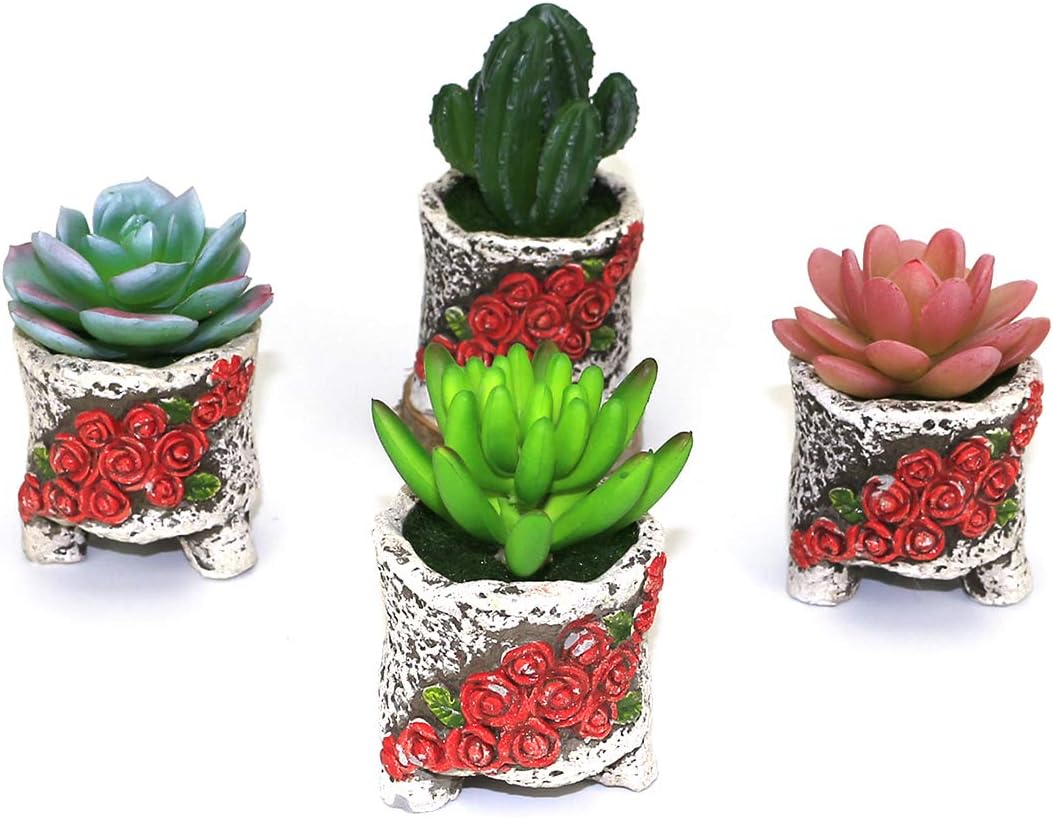 GemEwell Artificial Succulent Plants Set of 4 Mini Fake Cactus Succulent Potted Plant in Grey Ceramic Pot Ideal for Home & Office Decoration (Succulents E)