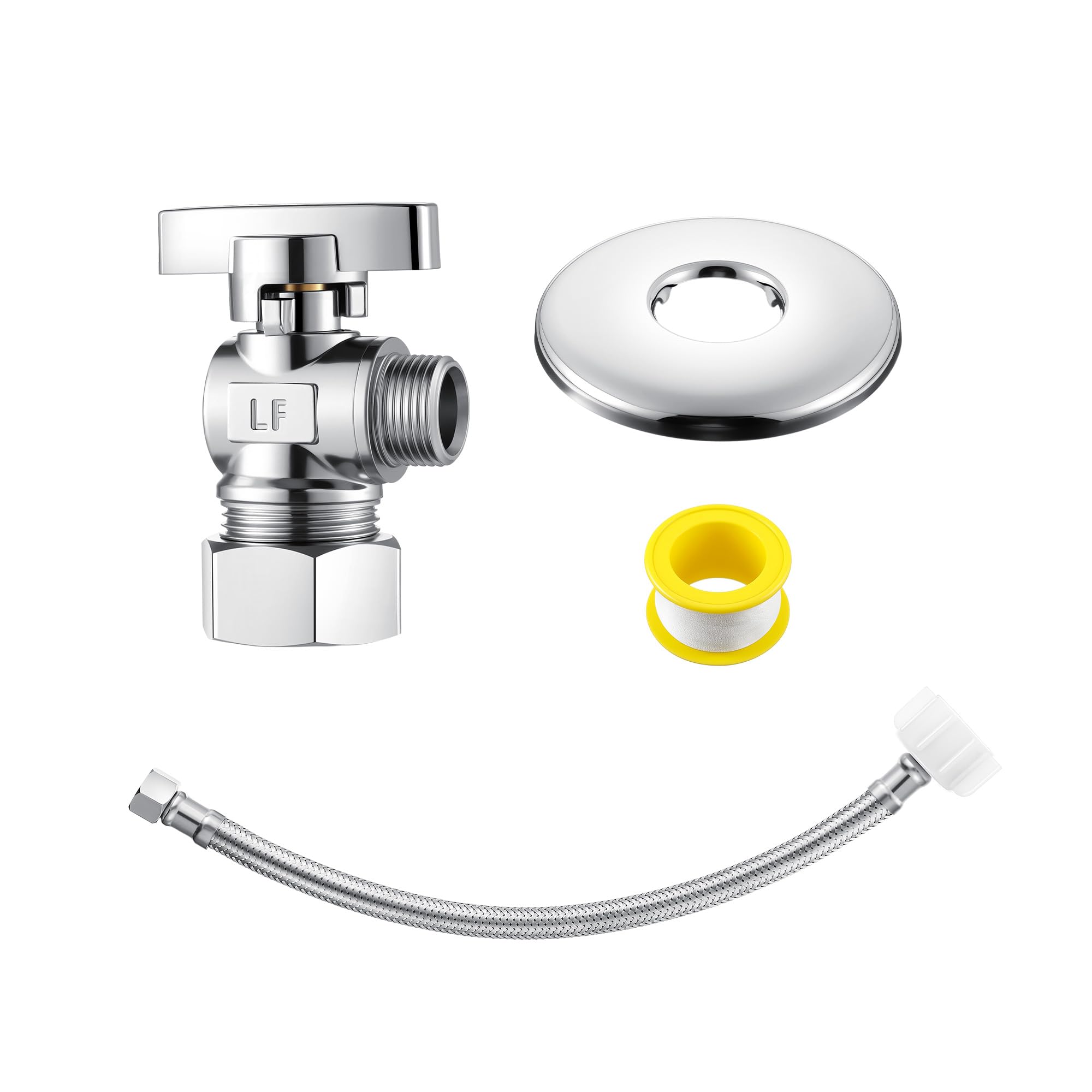 Photo 1 of 1 Pack Complete Toilet Valve Set, Includes 1/2 inch Nom Inlet x 3/8 Inch OD Compression Outlet Angle Shut Off, Stainless Steel Toilet Water Supply Line, Escutcheon Plate, Sealing Tape (12" Line)