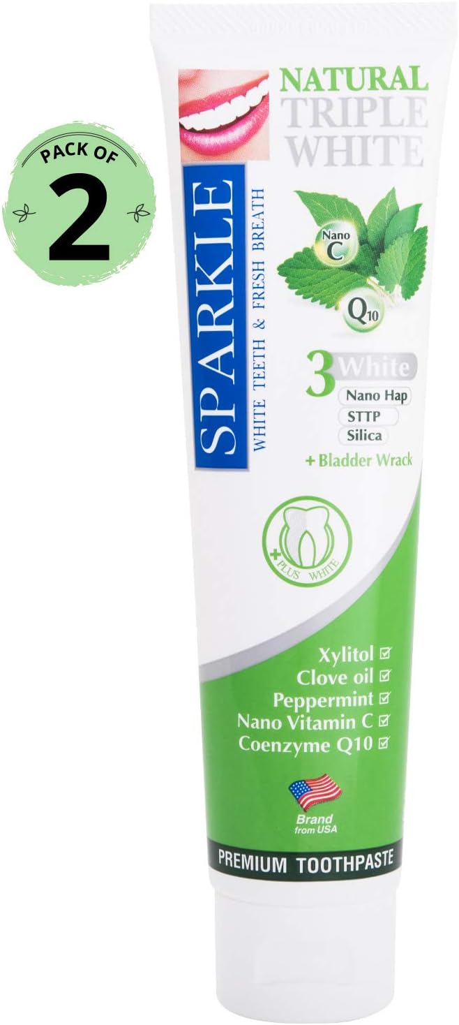 Kuron Store SPARKLE 100 Grams / 2 Pack Triple White Natural Care Sensitivity Relief Whitening Fresh Sensitive Gums Reduce Breath Peppermint Paraben Fluoride SLS Free Premium Teeth Tooth Toothpaste