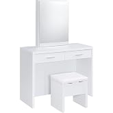 Coaster Bunbury Rectangular 2-Drawer Vanity Table Set, White 930280 | Coordinating mirror and stool included, Full-extension sliding mirror, Built-in jewelry tray, Faux leather upholstery