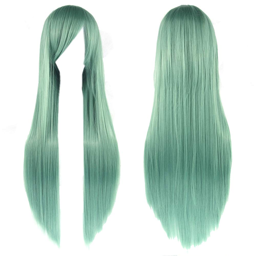 Fouriding 32" Mint Green Women's Long Straight Full Wigs Costume Synthetic Hair Hairpieces with Oblique Bangs for Halloween Anime Cosplay Party Girl Women +Wig Cap