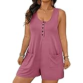 Eytino Women Plus Size Rompers Casual Sleeveless Button Down Jumpsuits Loose Fit One Piece Outfits with Pockets(1X-5X)