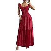 OYOANGLE Women's Polka Dots Ruffle Cap Sleeve Swing A Line Maxi Dress Bow Back Boho Sundress
