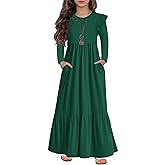 HOSIKA Girls Fall Ruffle Long Sleeve Crew Neck Loose Casual Flowy Tiered Maxi Dress with Pockets for 6-12 Y
