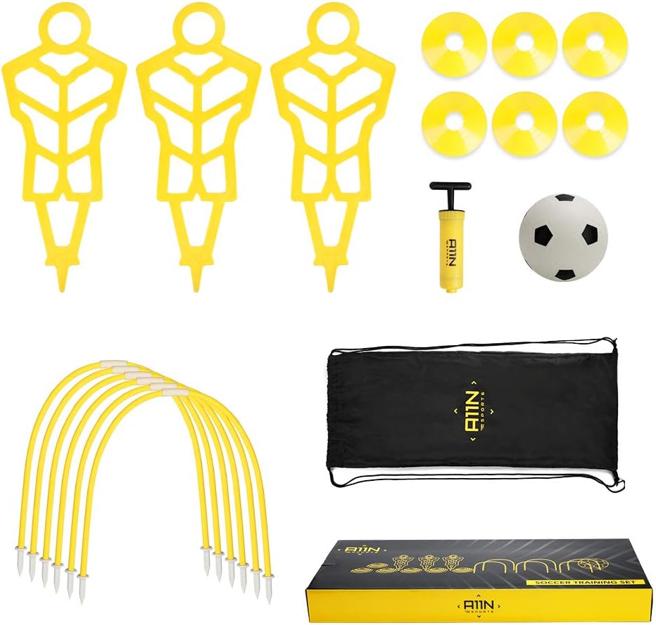 A11N Soccer Training Set-Includes 3 Training Mannequins, 6 Passing Arcs, 6 Disc Cones, 1 Mini Soccer Ball and Pump, 1 Drawstring Bag| Great for Kids Ages 5-7