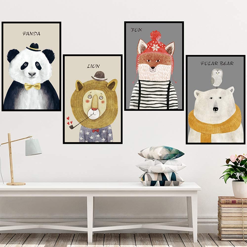 BuerHomie Wall Decor, Wall Art Posters Set of 4 Aesthetic Pictures, Anthropomorphic Animals Wall Stickers, Wall Decal for Living Room and Bedroom