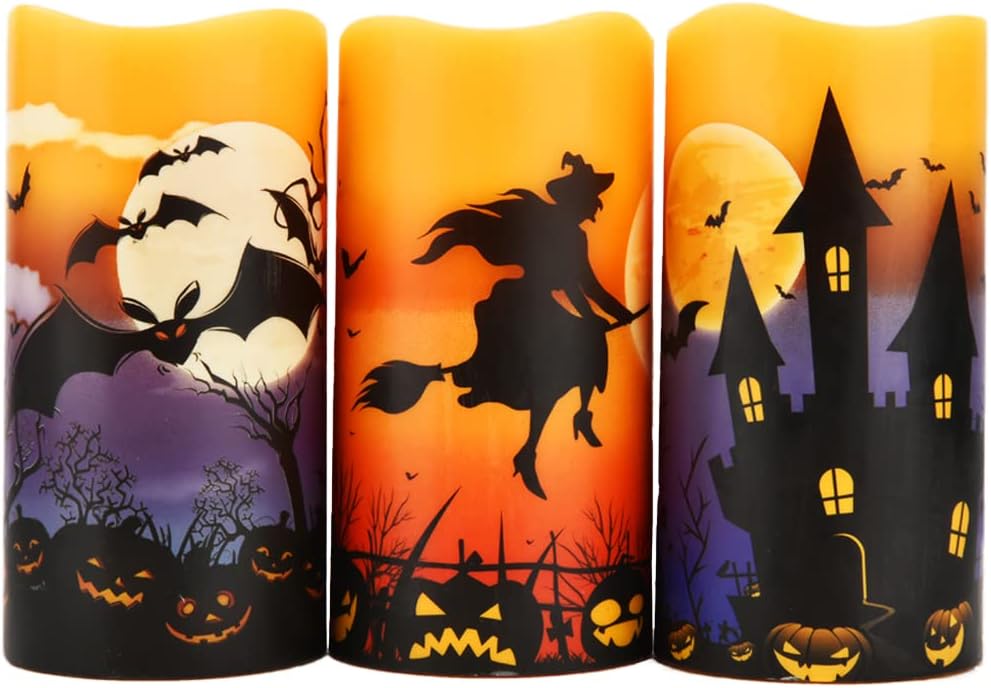 Lighting - Halloween Candles Battery Operated Halloween Flameless Candles, Halloween Decorations Indoor Halloween Decor Real Wax LED Pillar Candles with 6 Hour Timer, Castle, Witch, Bats Decal