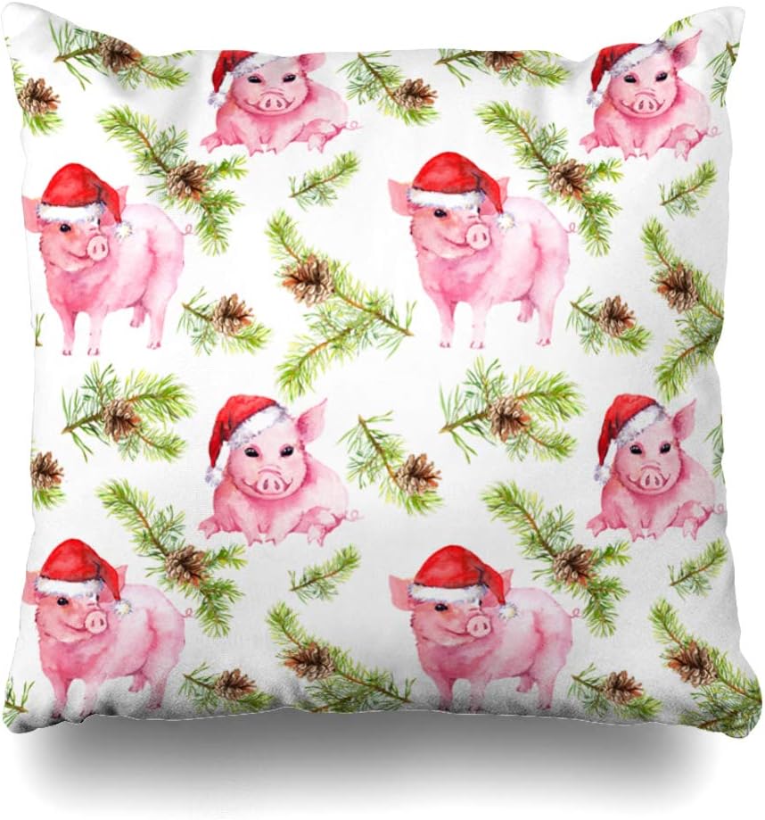 LALILO Throw Pillow Covers, Funny Red Santa Hats Spruce Branches New Year Christmas Double-Sided Pattern for Sofa Cushion Cover Couch Decoration Home Gift Bed Pillowcase 18 x 18 Inch