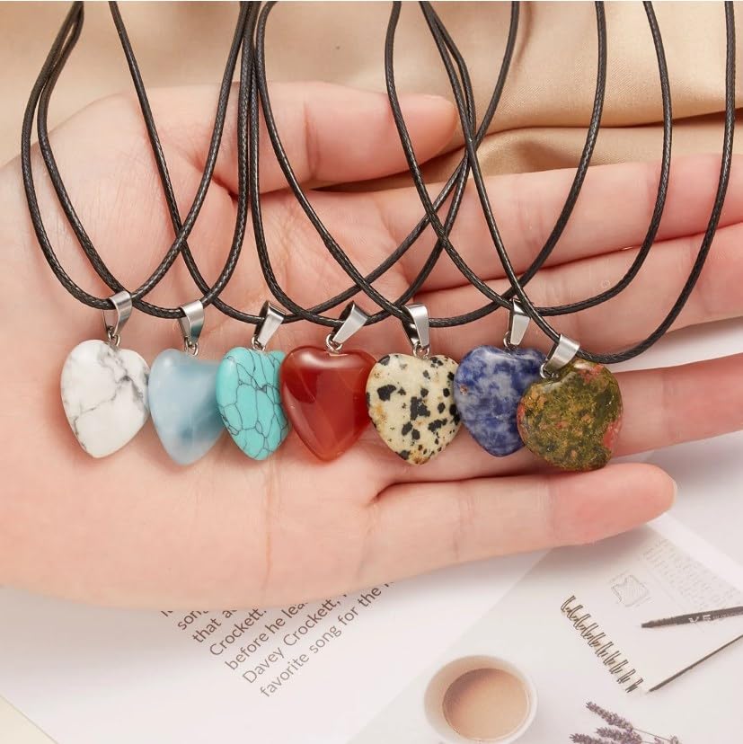 LE SKY 20pcs Natural Healing Crystal Heart Stone Pendants Necklace with PU Leather Cord - Gemstone Charms for Women Jewelry Gifts